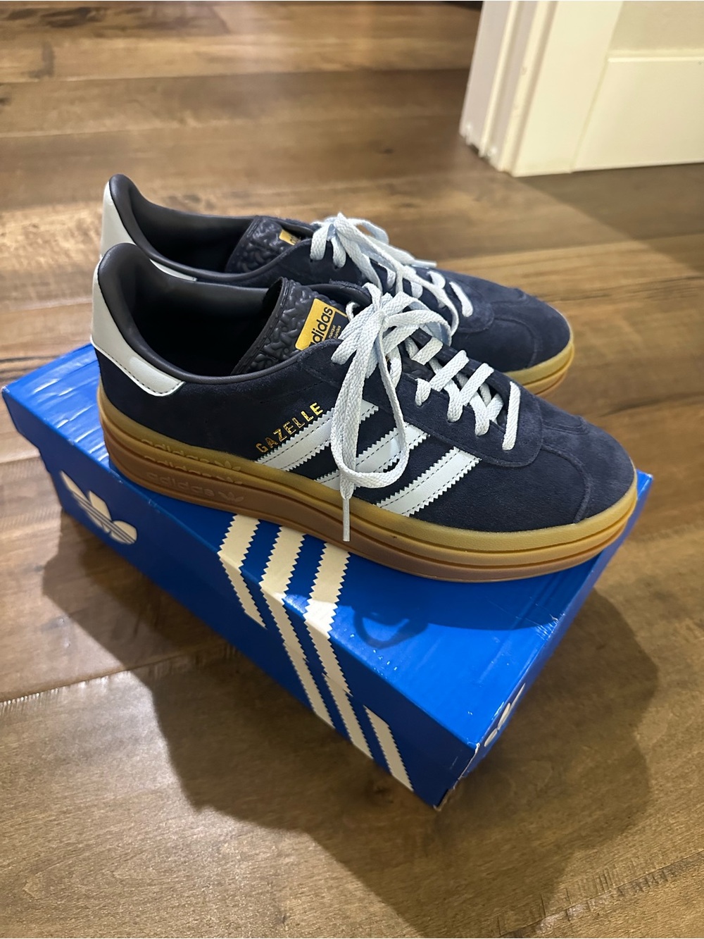 adidas Gazelle Bold Women’s Navy Suede Sneakers with White Stripes and Gum Sole